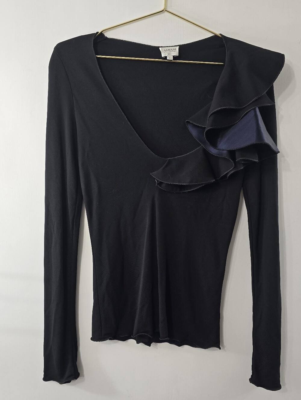 Armani Collezioni Long Sleeve Dramatic Ruffle V Neck Fitted Dressy Top Blouse 6